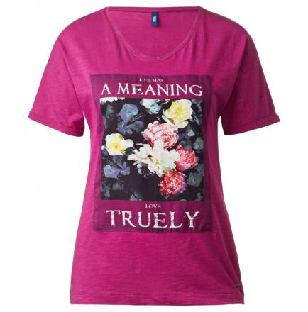 V-Shirt mit Flowerprintpatch – magenta haze